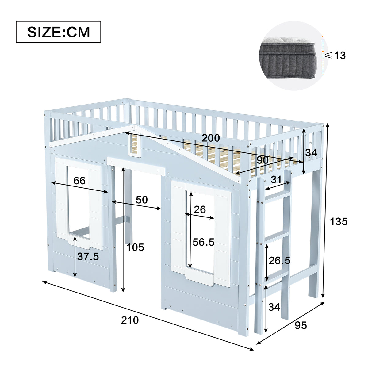 Children's Loft Bed 90x200cm with Ladder & Window, Blue Wood