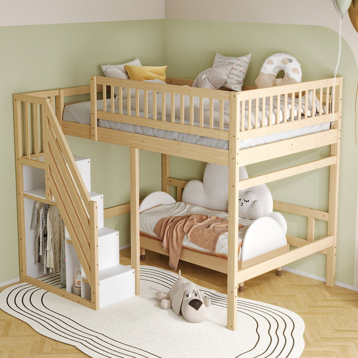 Solid Wood Bed, 140x200 with Storage Stairs & High Railing, Wood Color