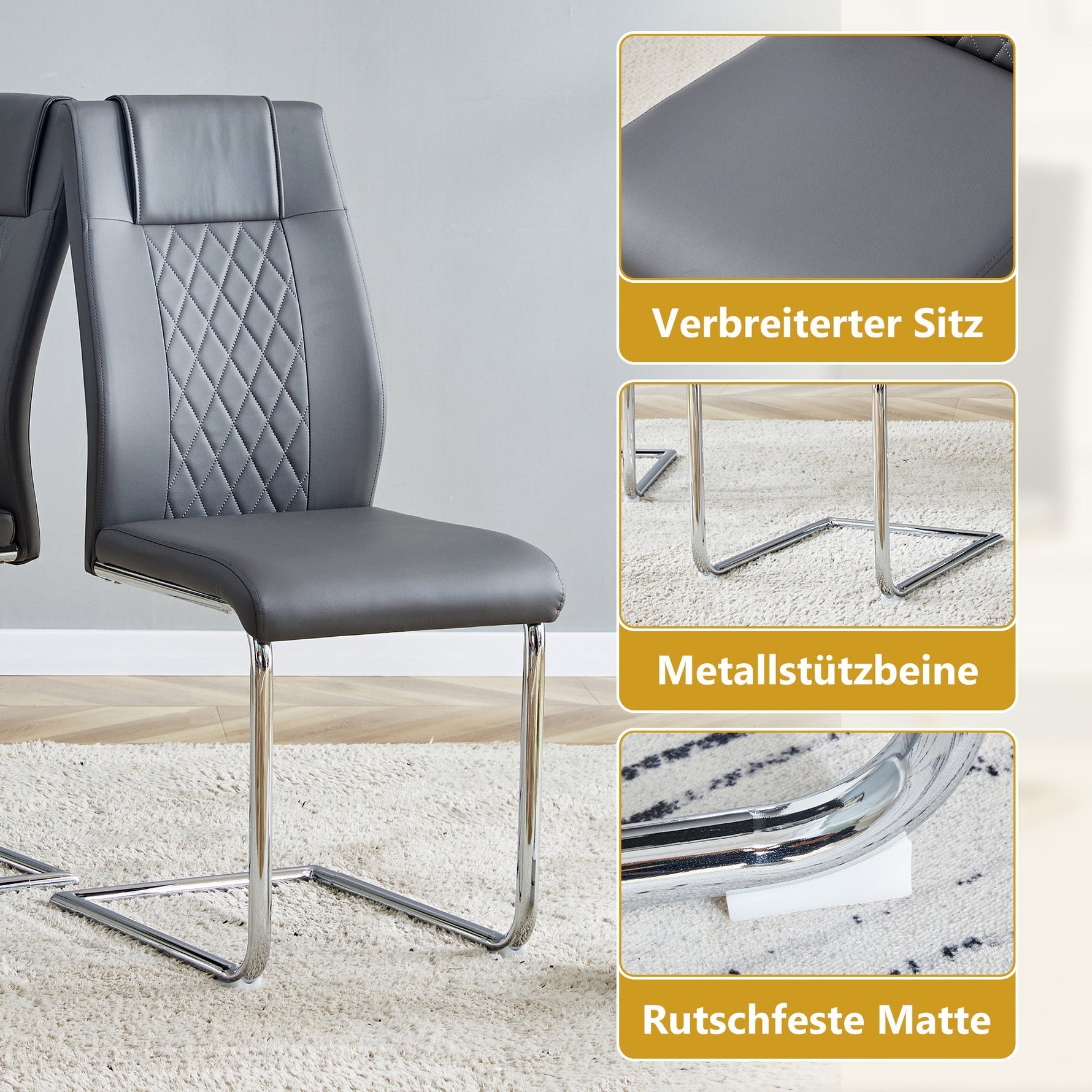Scandinavian Dining Chairs Set of 4 Mesh Back Metal Legs - Dark Grey PU Leather