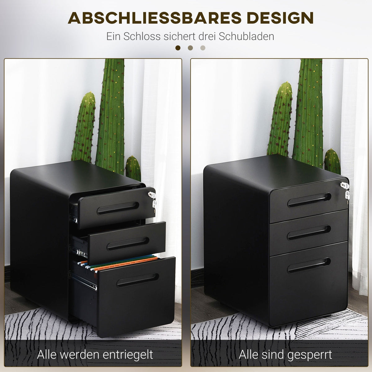 Rolling File Cabinet, 3-Drawer Office Container Steel Black
