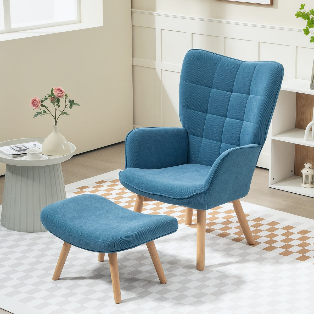 Armchair with Stool, Wingback High Back Tufted Lounge, Blue Corduroy