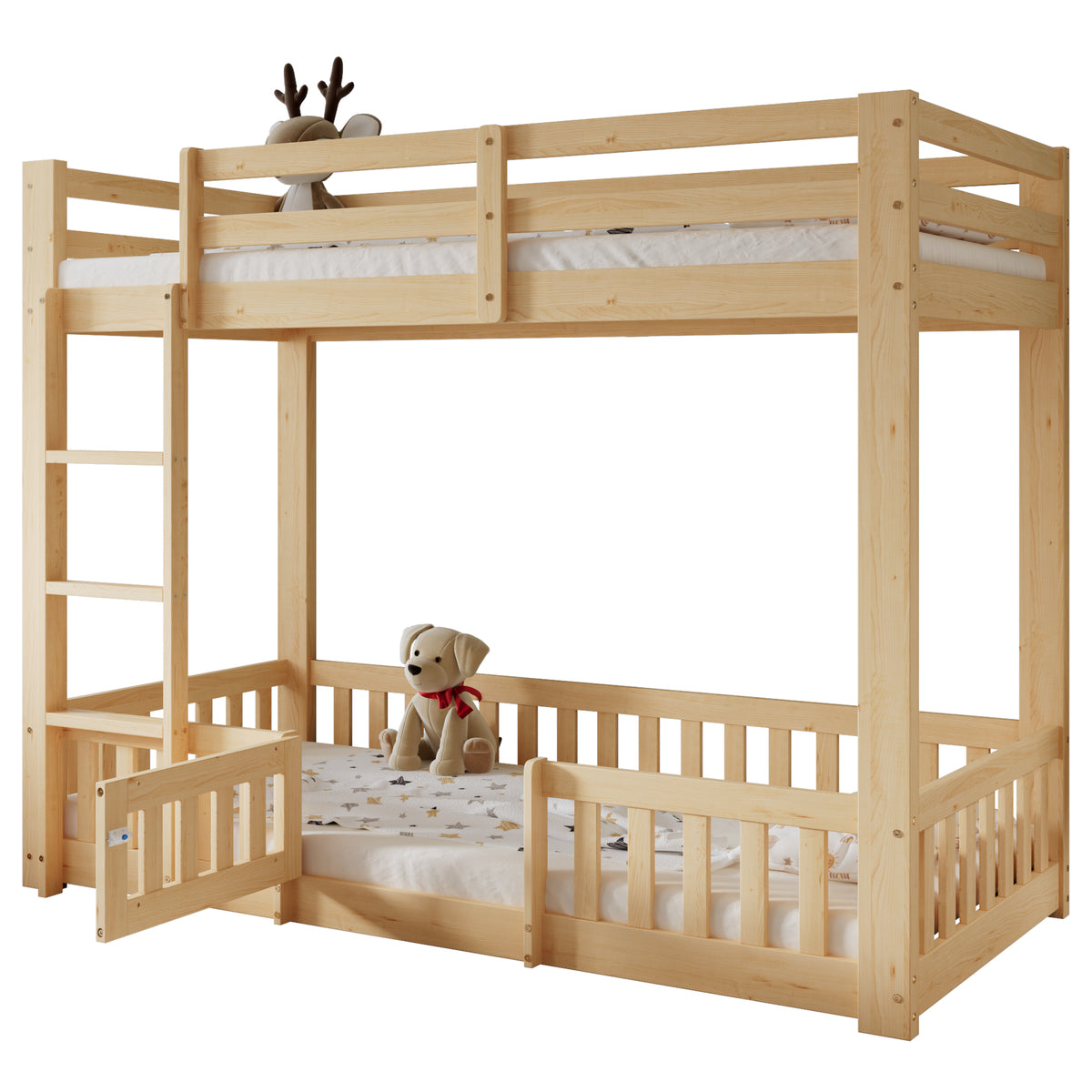 Wooden Bunk Bed 90x200cm with Stairs & Railing, Natural Pine Wood