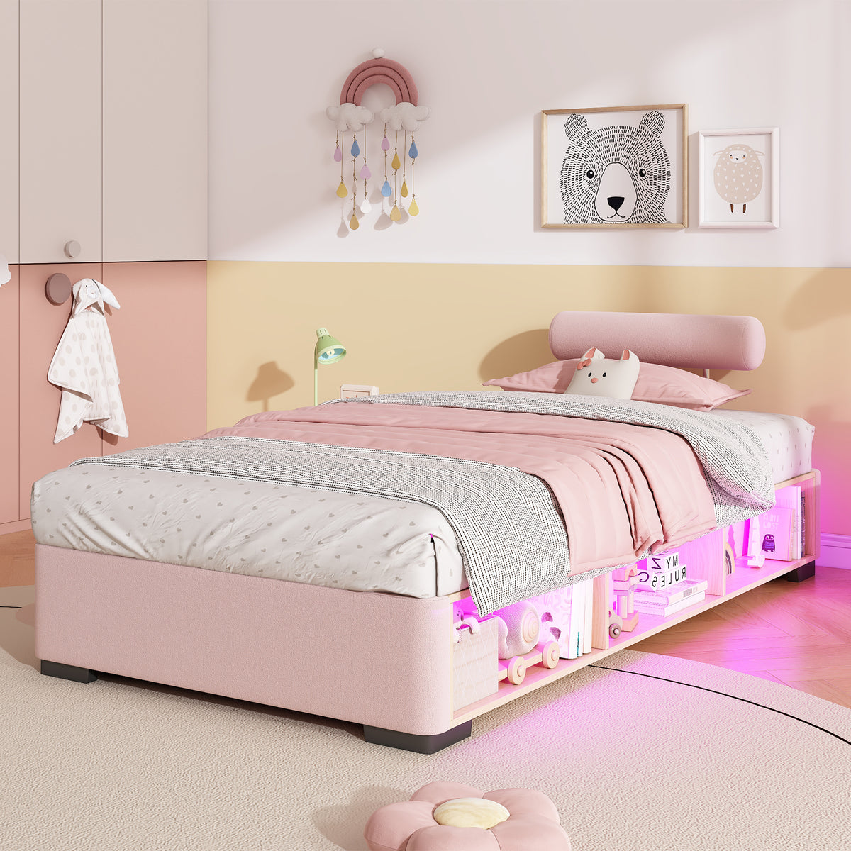 Children's Upholstered Bed with LED Shelf, 90x200 cm, Pink