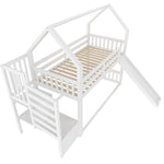 Bunk Bed House 90x200cm Storage Stairs Slide Railing - White