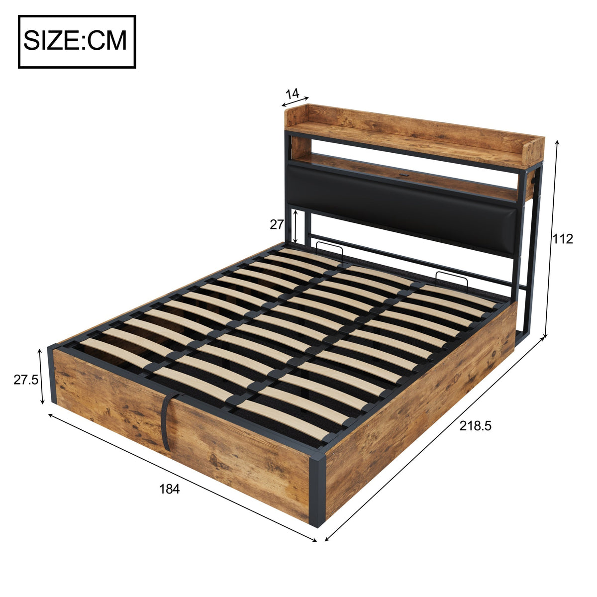 Bed Frame, 180x200, Hydraulic Lift, USB, Upholstered Headboard, Wood & Metal, Black