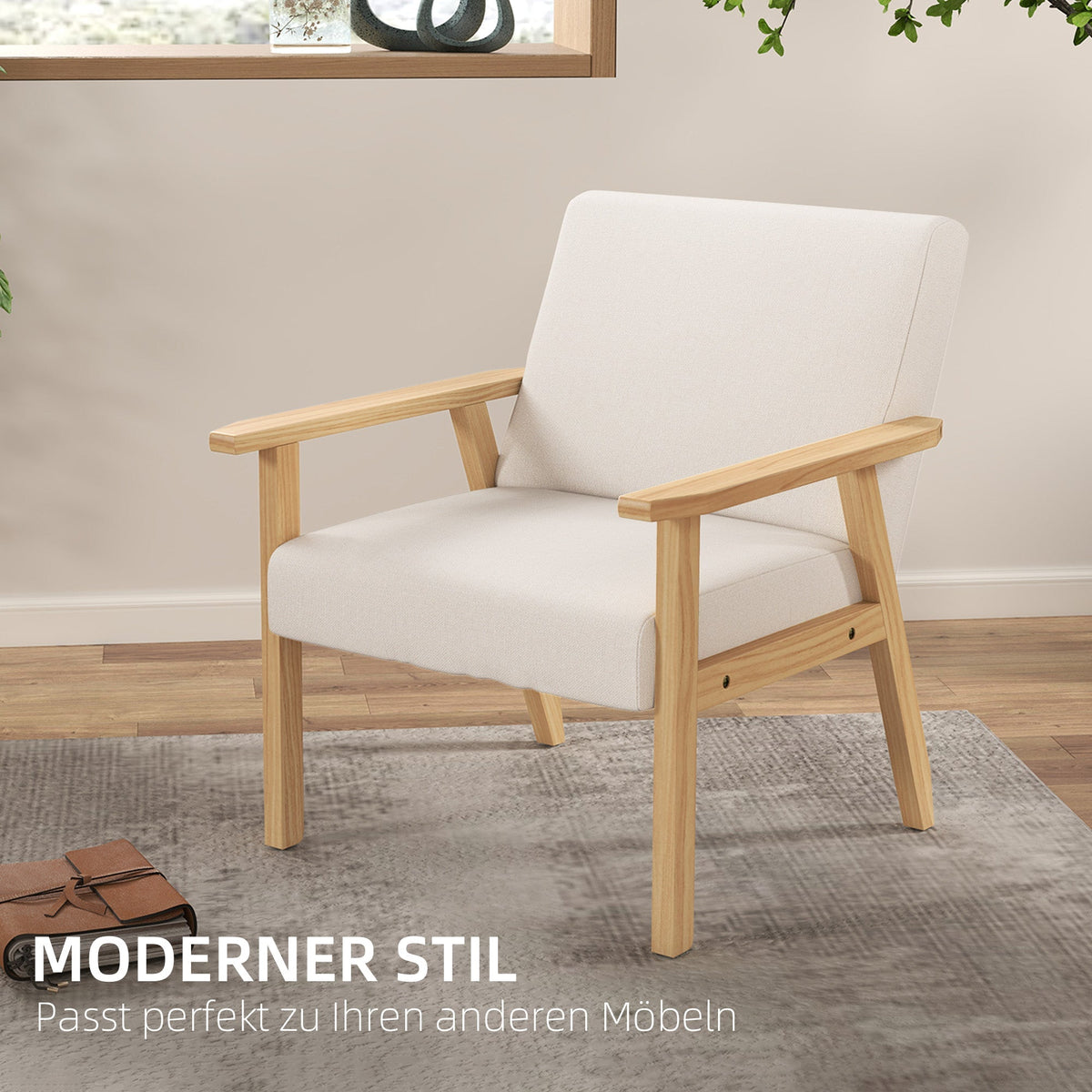 Lounge Chair with Armrests, Dining Relaxing Upholstered, Cream White