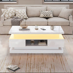 Liftable Coffee Table with 2 Drawers and LED Lighting, White Chipboard