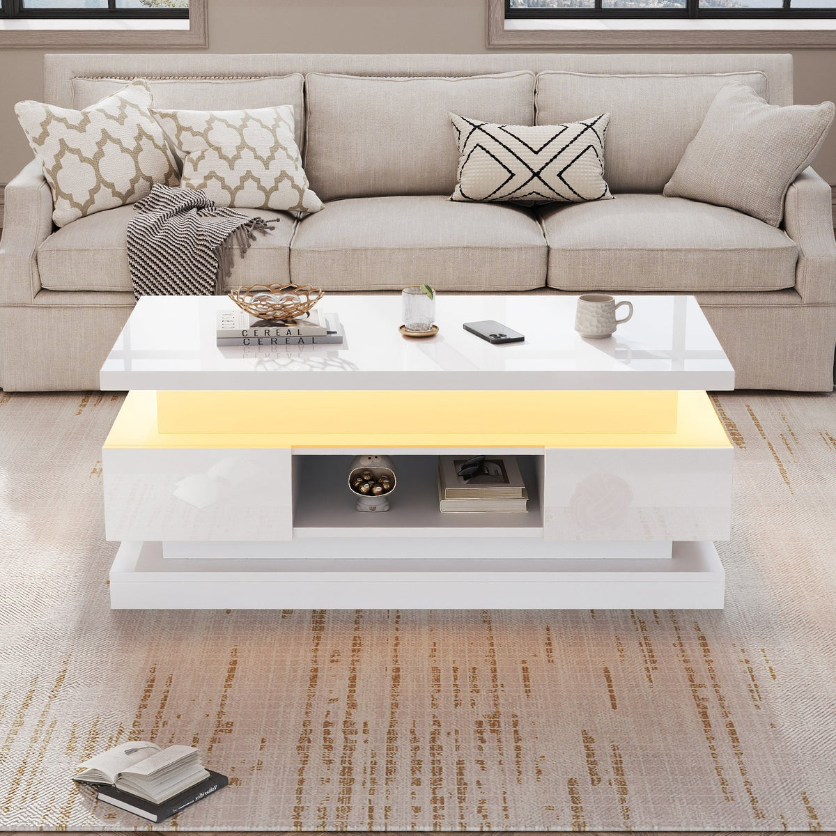 Liftable Coffee Table with 2 Drawers and LED Lighting, White Chipboard