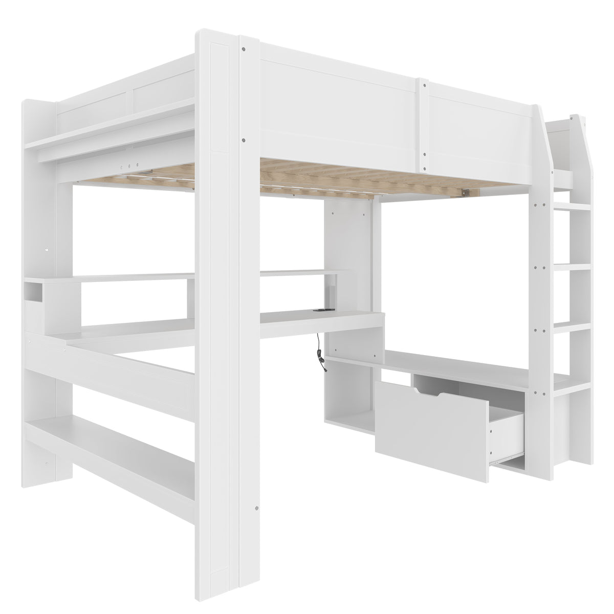 Loft Bed 140x200cm Gaming Desk LED Drawer Shelves - White