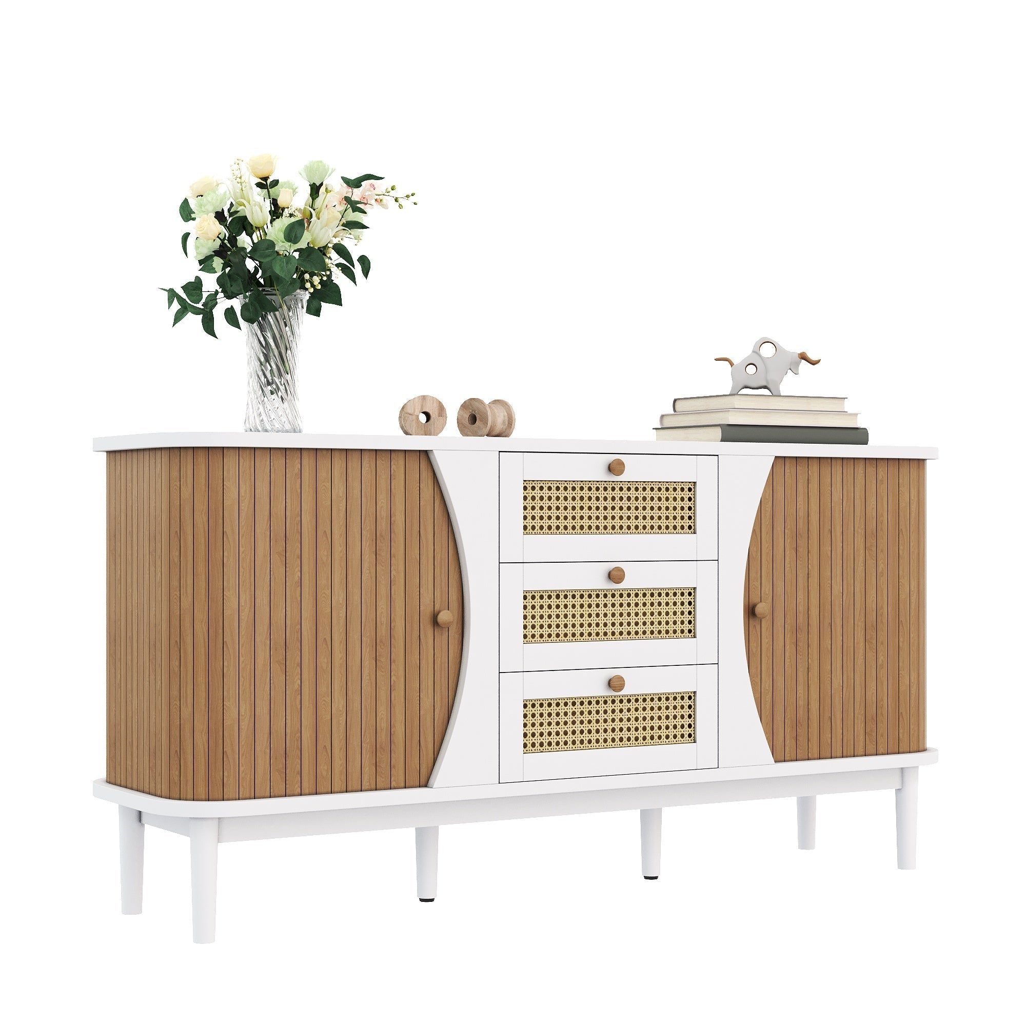Sideboard Rattan Sliding Doors Adjustable Shelves - Curved Top