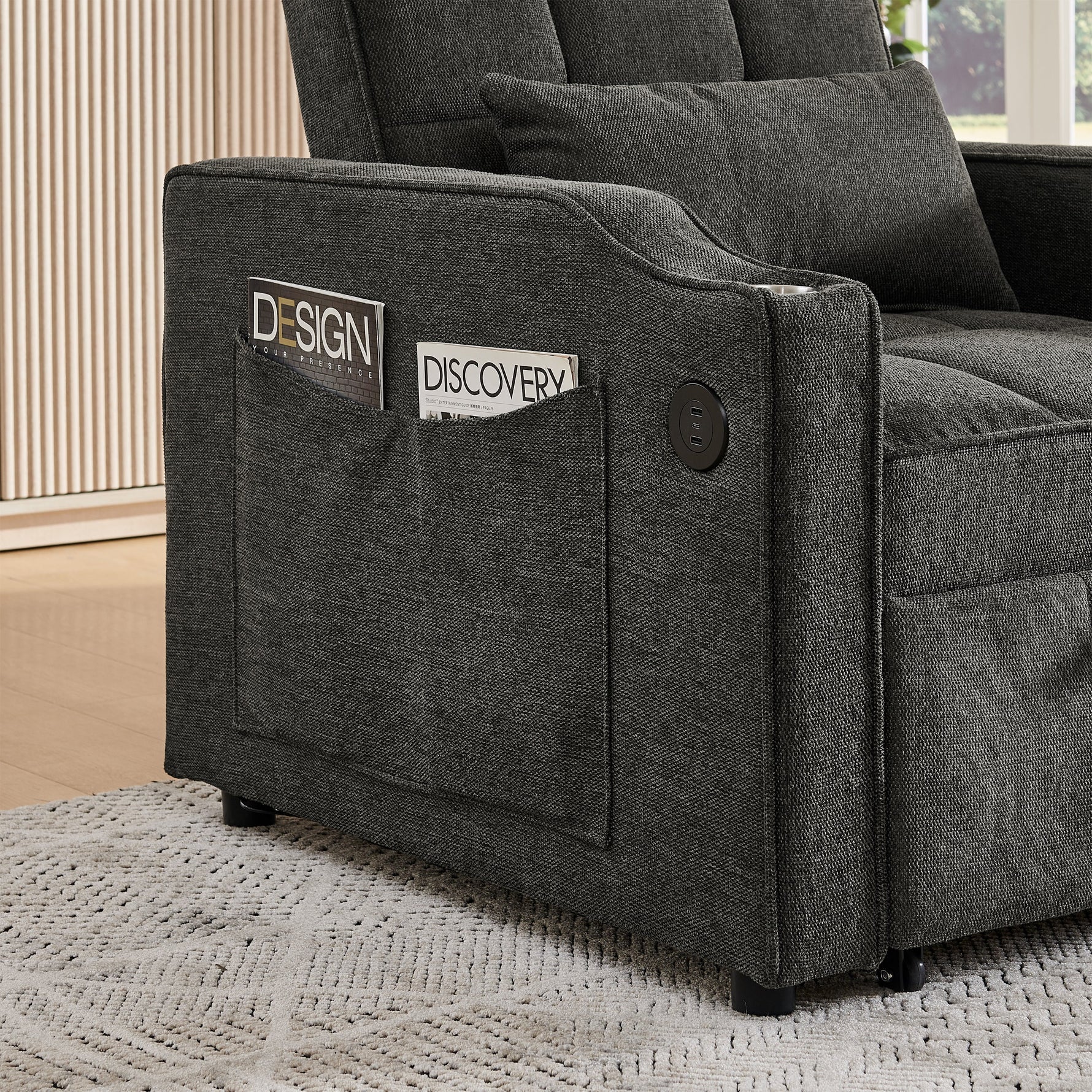 3-in-1 Sofa Bed Slide-to-Transform USB Charging - Gray