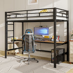 Loft Bed with Desk, USB, Power Outlets and App-Controlled LED Lights, 90x200cm, Black Metal