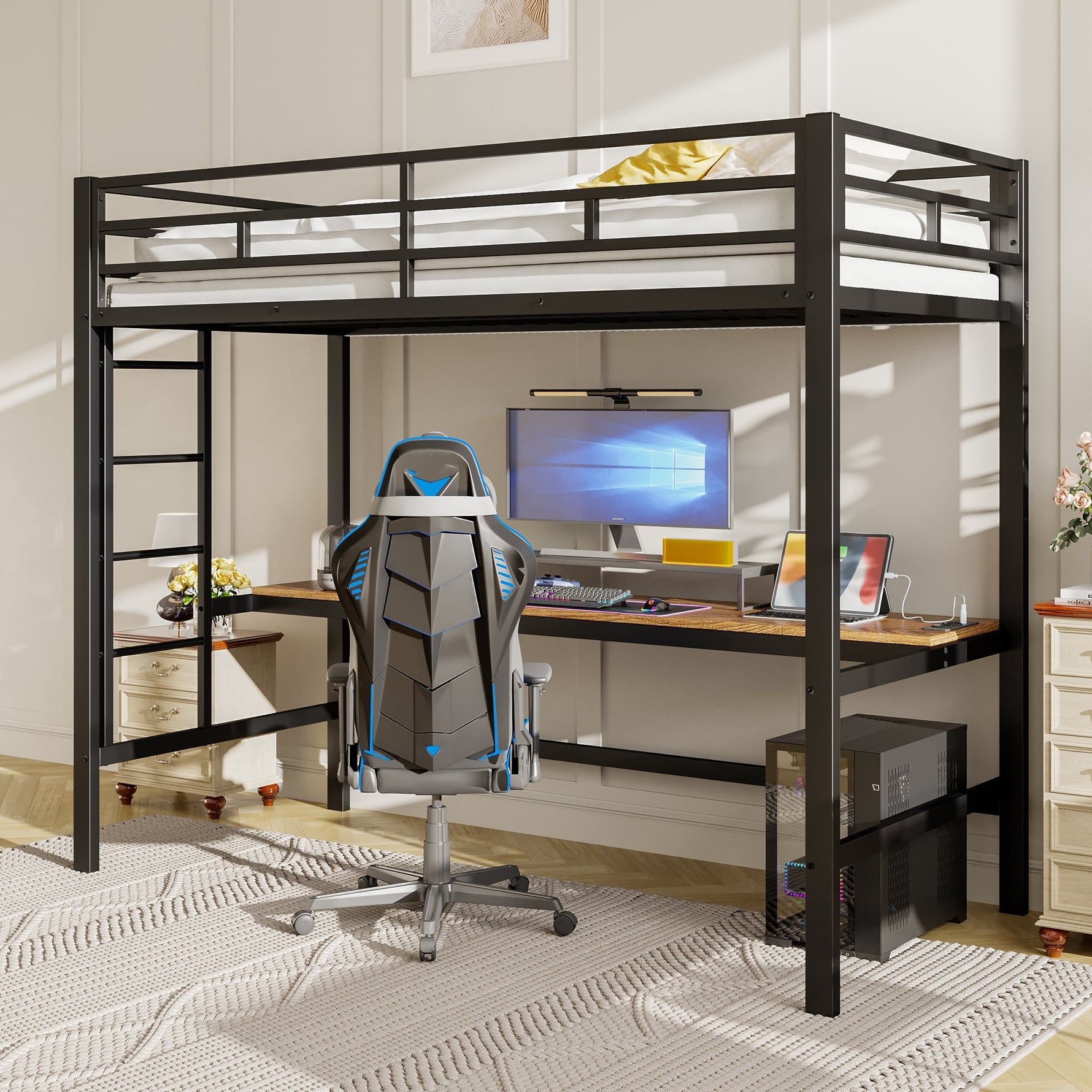 Loft Bed with Desk, USB, Power Outlets and App-Controlled LED Lights, 90x200cm, Black Metal
