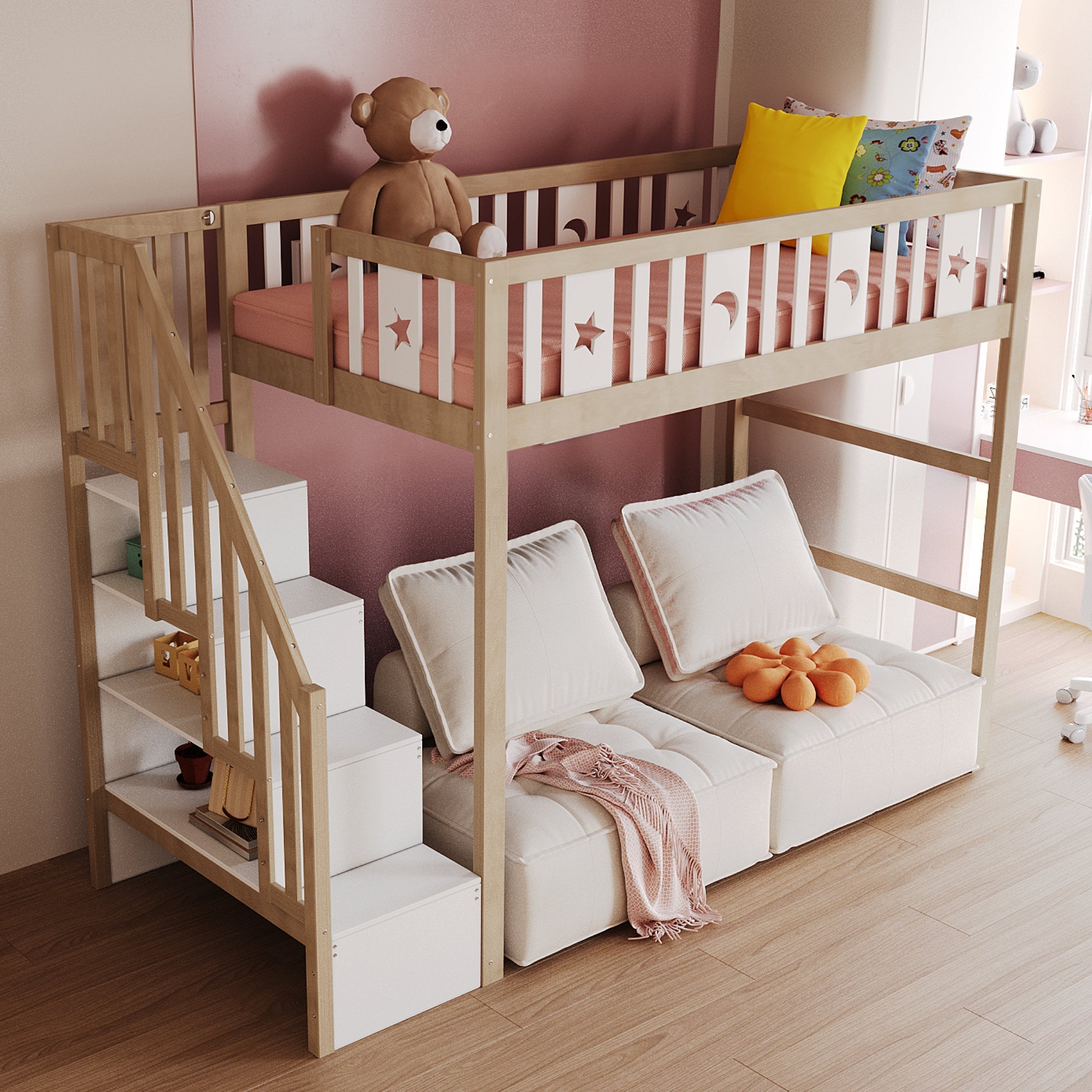 Children's Loft Bed 90*200, Storage Climbing Ladder & Safety Rails, Solid Wood