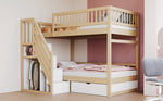 Bunk Bed, Solid Wood 90x200cm with Safety Rail, Slatted Frame, Storage Ladder & Drawers, Wood Color