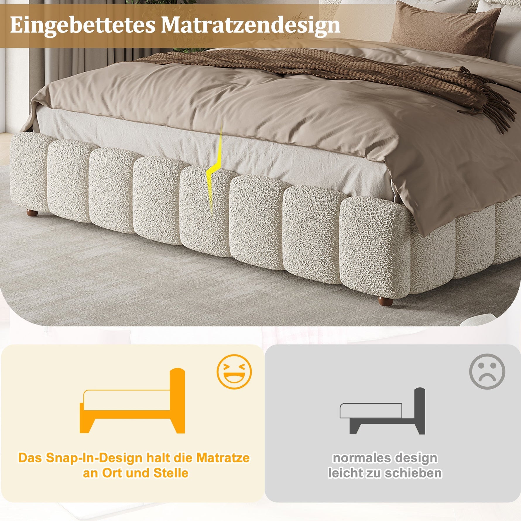 Upholstered Double Bed with Hydraulic Storage and Slatted Frame, 200x200cm, White Bouclé