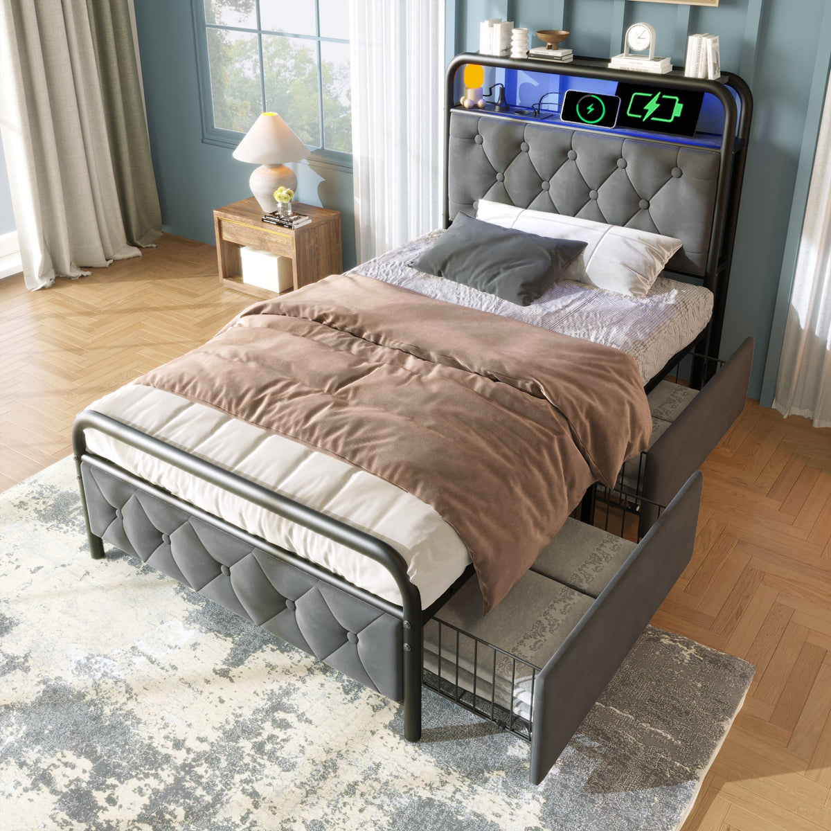 Upholstered Single Bed with USB Type C, LED & 2 Drawers, 90x200, Velvet