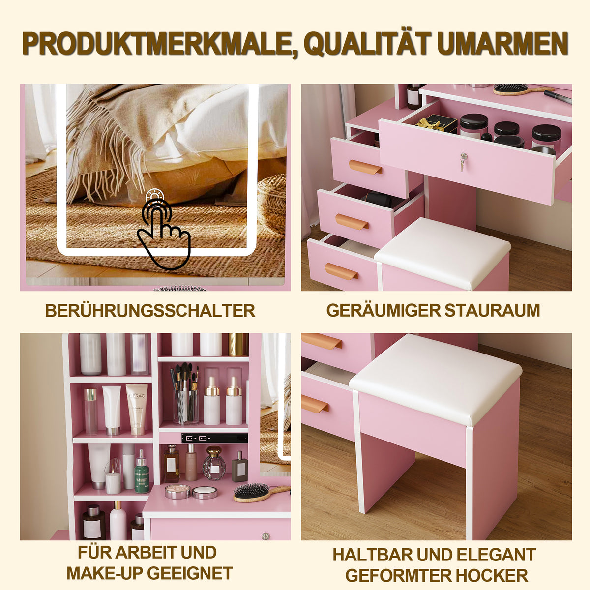 Dressing Table Set with LED Mirror, Stool & 4 Drawers, Pink
