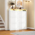 Shoe Cabinet 6 Drop-Down Compartments LED Lighting Open Storage White Natural Finish