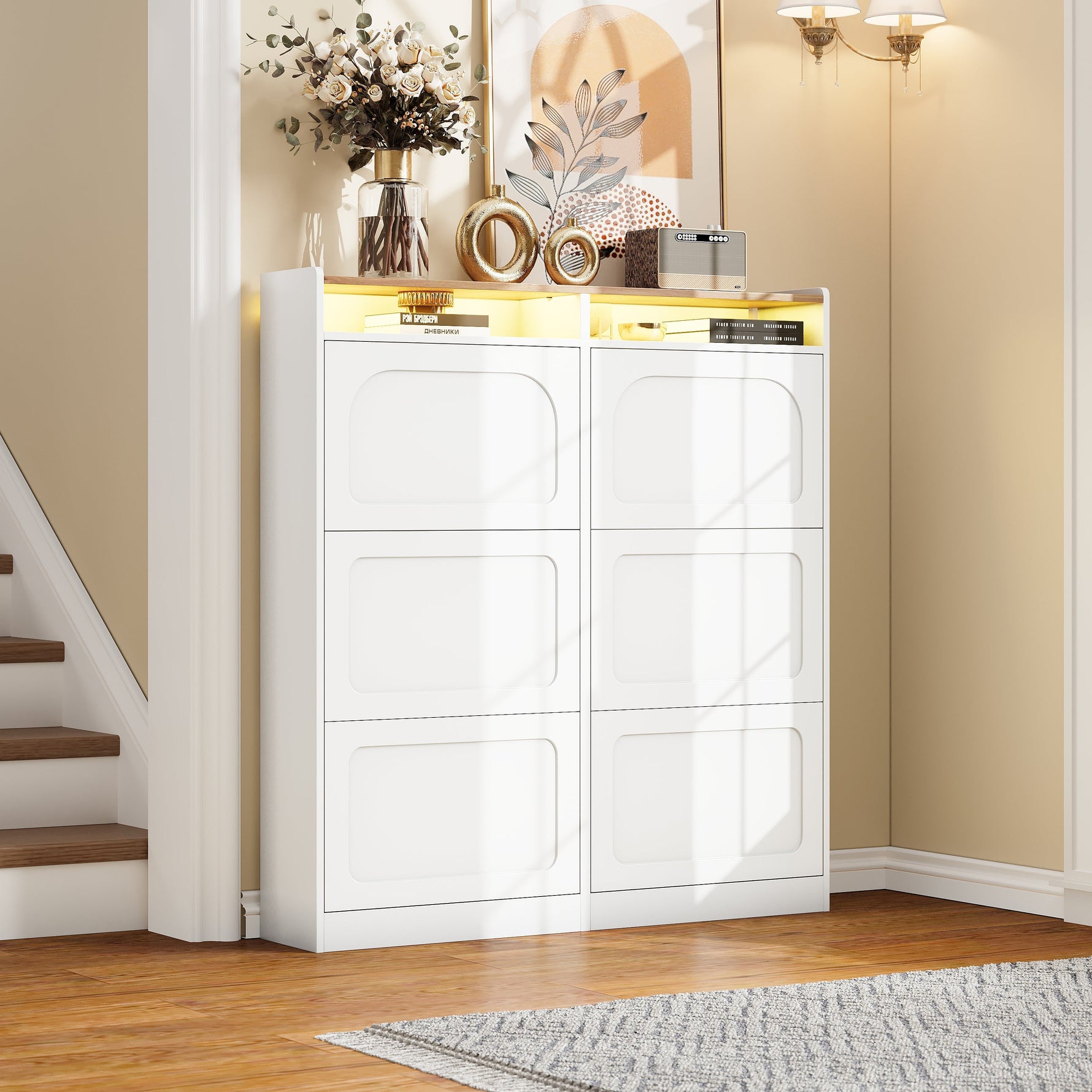 Shoe Cabinet 6 Drop-Down Compartments LED Lighting Open Storage White Natural Finish
