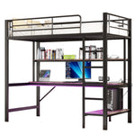 Loft Bed with Desk, LED Lights, USB and Power Outlet, Black Metal