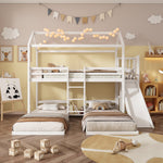 Bunk Bed, Children's with Slide, Roof Design, Three-Sleeper, Storage, Pine + MDF, White