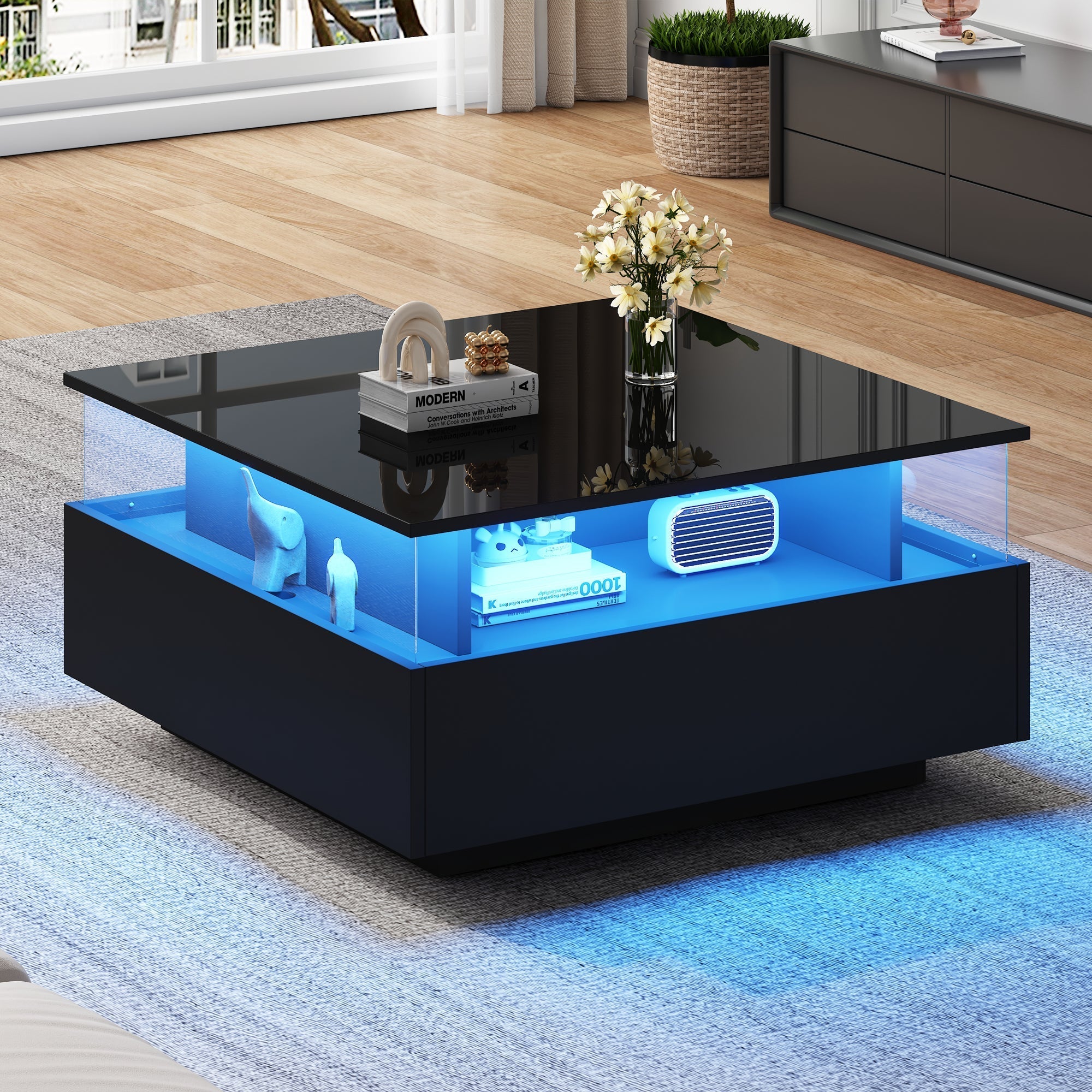 LED Coffee Table 70x70x41cm, 2 Drawers, Transparent Area, High-Gloss