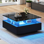 LED Coffee Table 70x70x41cm, 2 Drawers, Transparent Area, High-Gloss