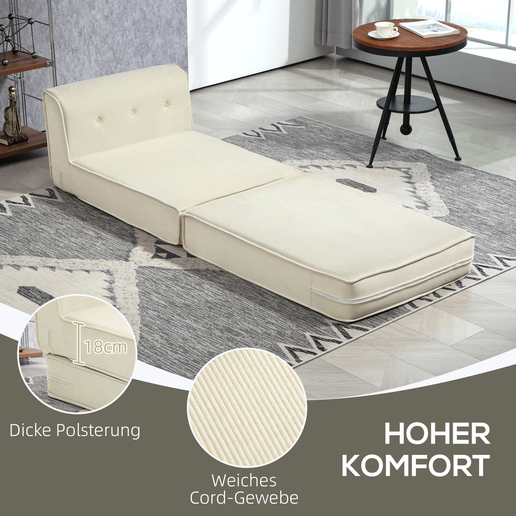 Sofa Bed 2-in-1 Foldable Upholstered 240 kg, Corduroy Cream White
