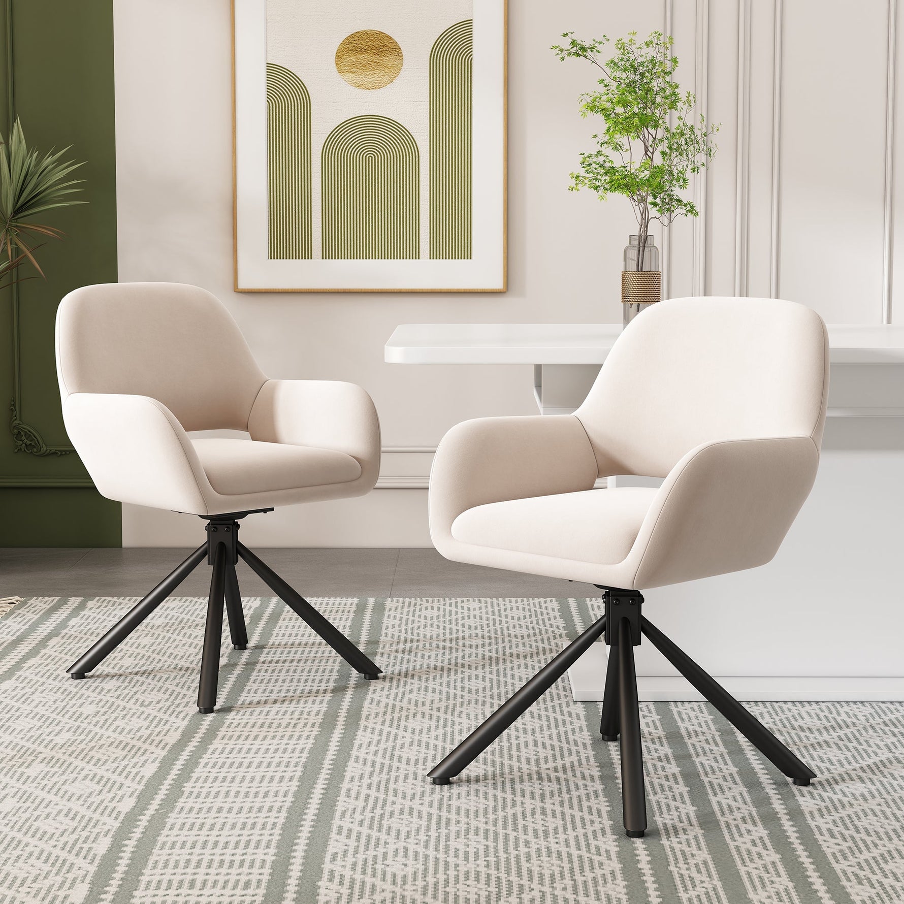 Dining Room Set with Extendable Table, 6 Velvet Chairs and Storage, White