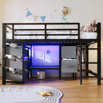 Mid-Height Bed with LED Lighting and Fabric Storage, 90x200 cm, Black Metal