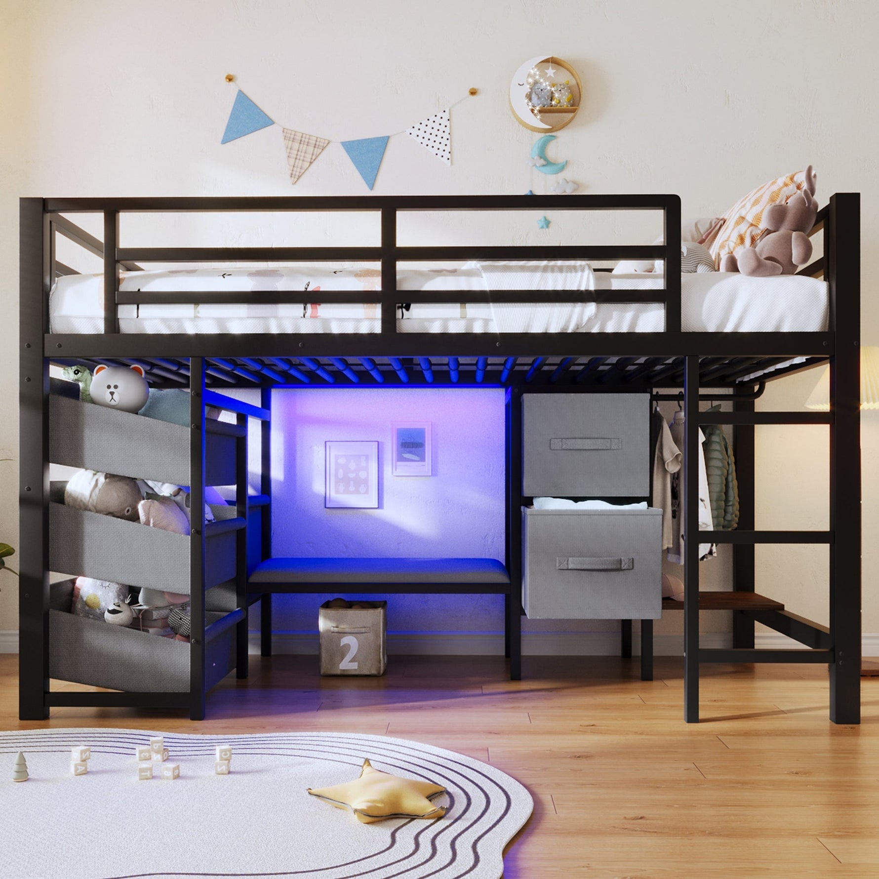 Mid-Height Bed with LED Lighting and Fabric Storage, 90x200 cm, Black Metal