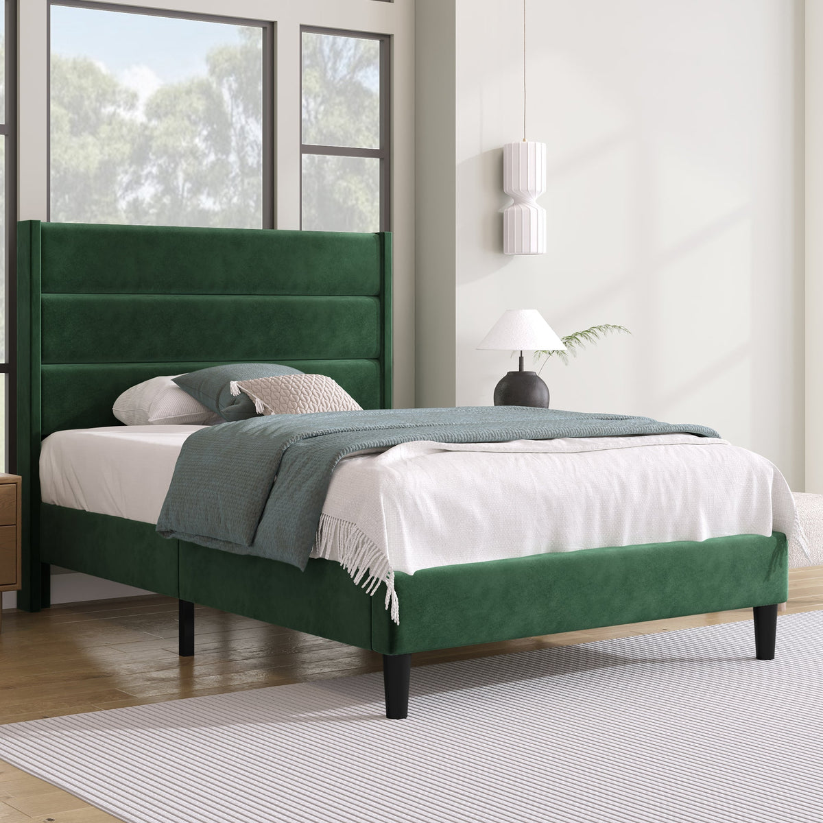 Upholstered Bed, 90 x 200 cm, Slatted Frame & Headboard, Velvet Dark Green