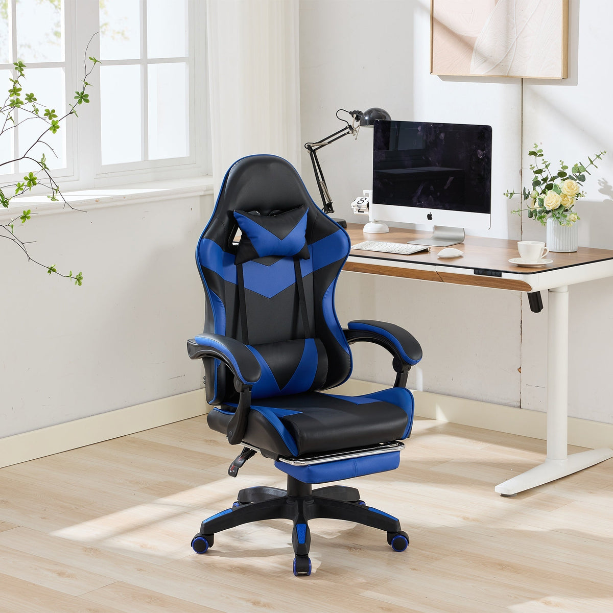 Gaming Chair Ergonomic Racing High-Back with Footrest Headrest Lumbar Support - Black & Blue Leather