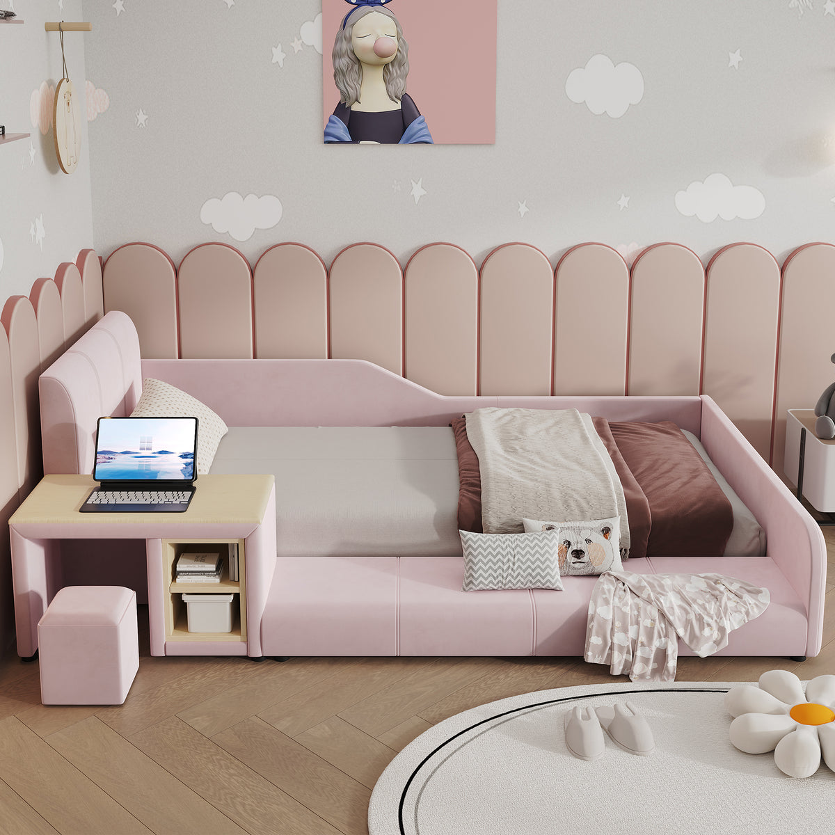 Upholstered Kids Bed Set with Desk & Stool, 90x200cm - Pink Velvet