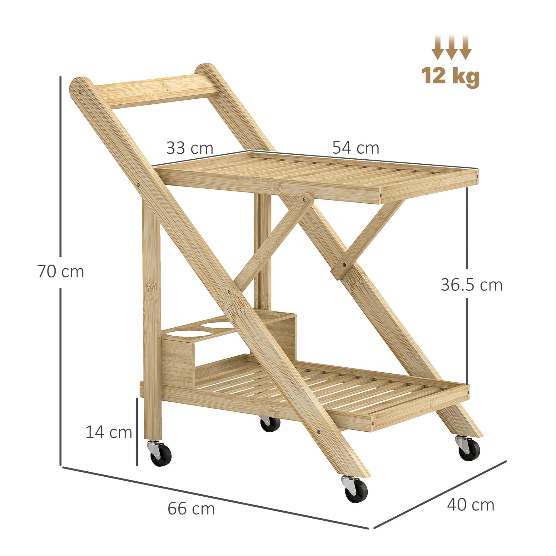 Kitchen Cart with Wine Rack, 2-Level Rolling, Bamboo Natural