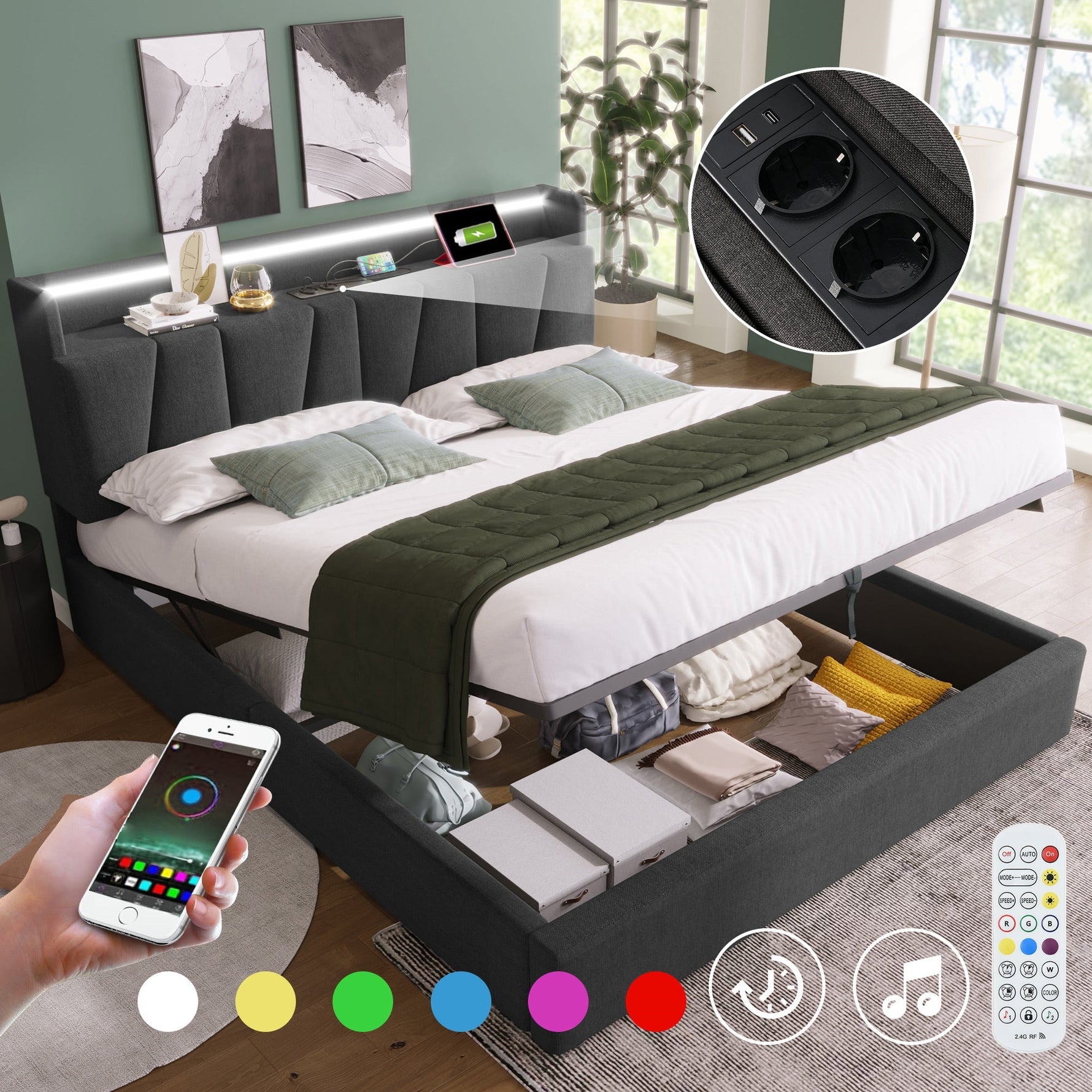 Upholstered Double Bed with USB, Storage Headboard and LED, 140x190cm, Grey Wood