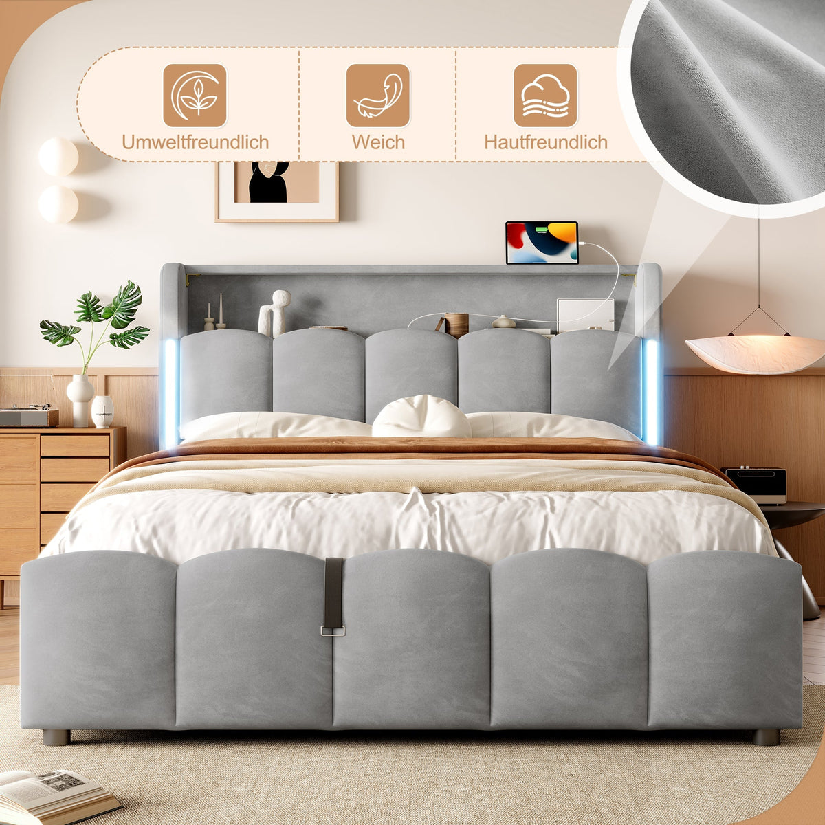 Upholstered Bed 140x200cm Hydraulic Storage LED Headboard USB/Type-C Velvet Grey