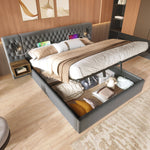 Bedroom Set, Upholstered Hydraulic Storage Double Bed 160x200cm with 2 Bedside Tables, Headboard Reading Light & USB, Gray Velvet