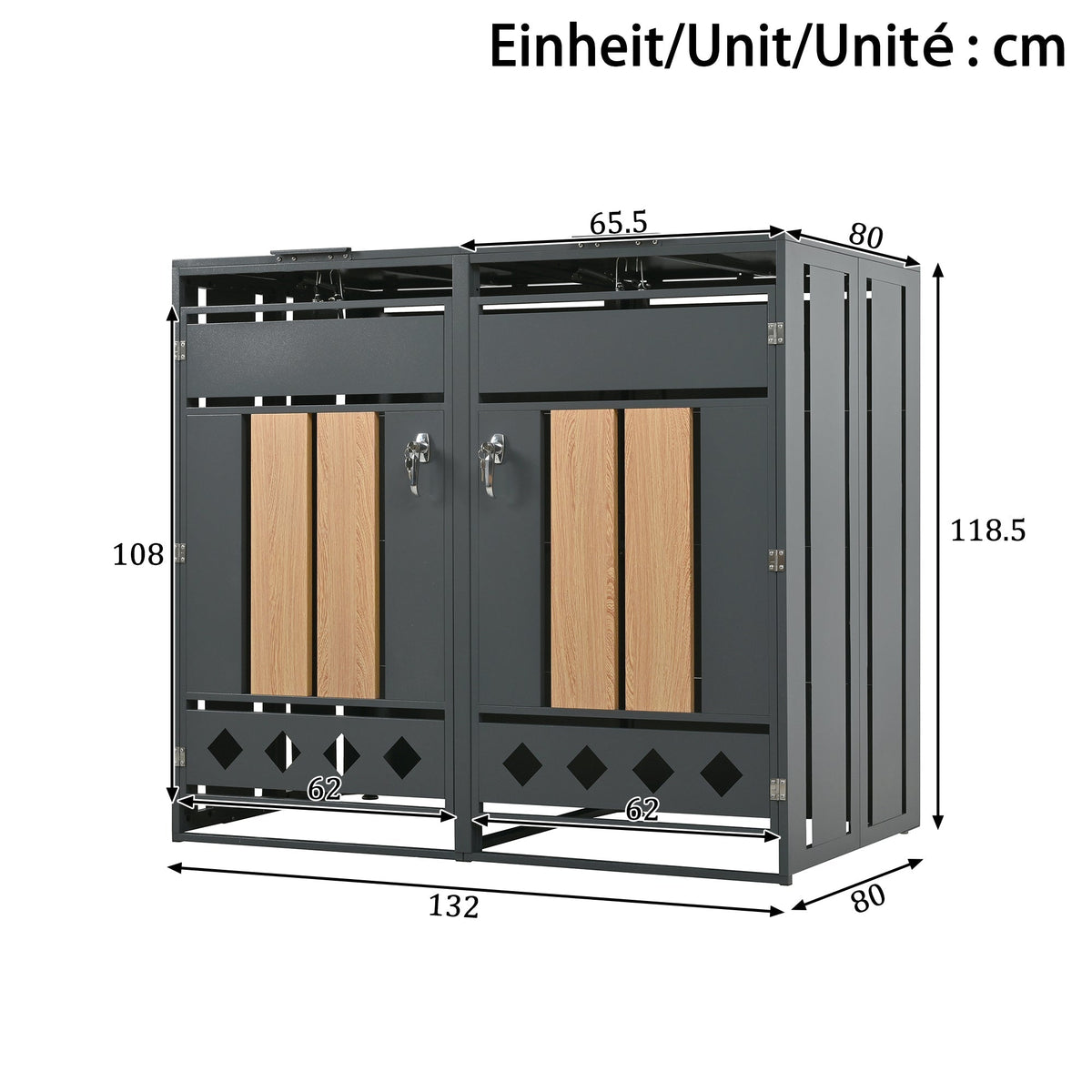 Bin Storage Unit with Hinged Lid, Lockable and 4 Doors, Wood Grain