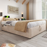 Upholstered Double Bed, 140x200 cm, with USB-C, Linen Natural