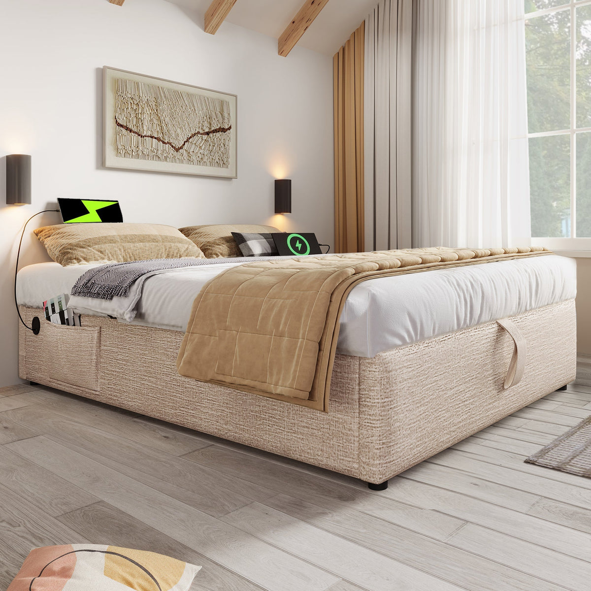 Upholstered Double Bed, 140x200 cm, with USB-C, Linen Natural