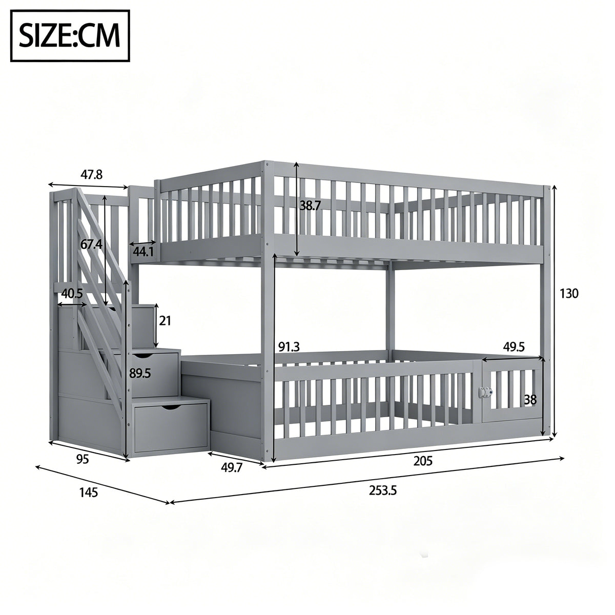 Bunk Bed 140x200 with Safety Stairs & Drawers, Grey Wood