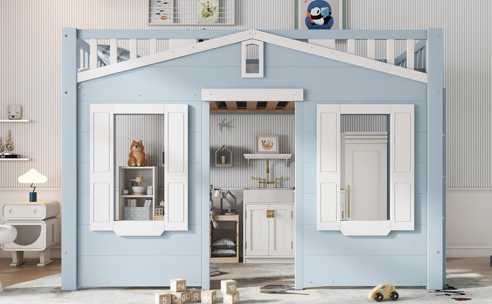 Children's Loft Bed 90x200cm with Ladder & Window, Blue Wood