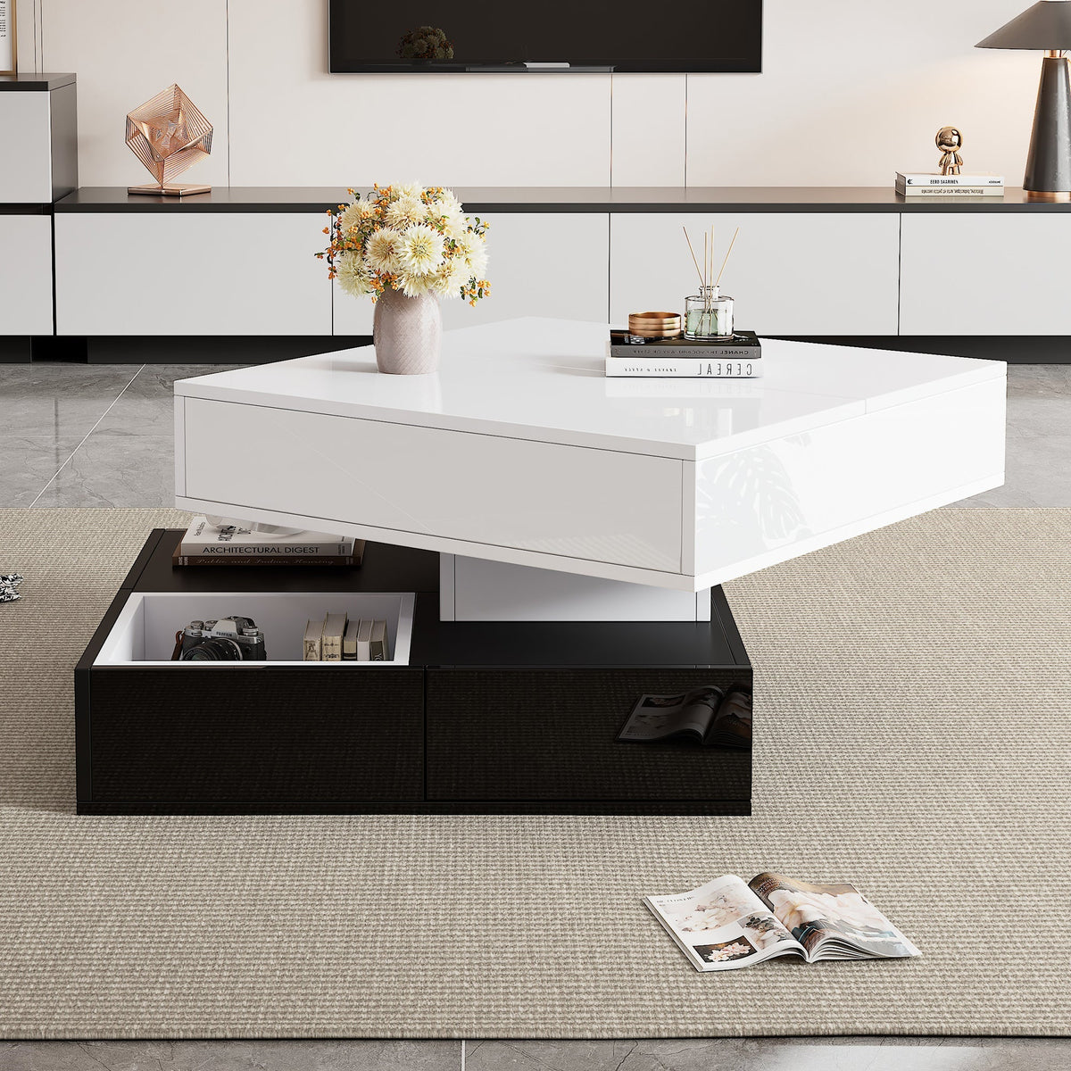 Coffee Table, 360° Rotating Top, 3 Drawers, Liftable, White & Black