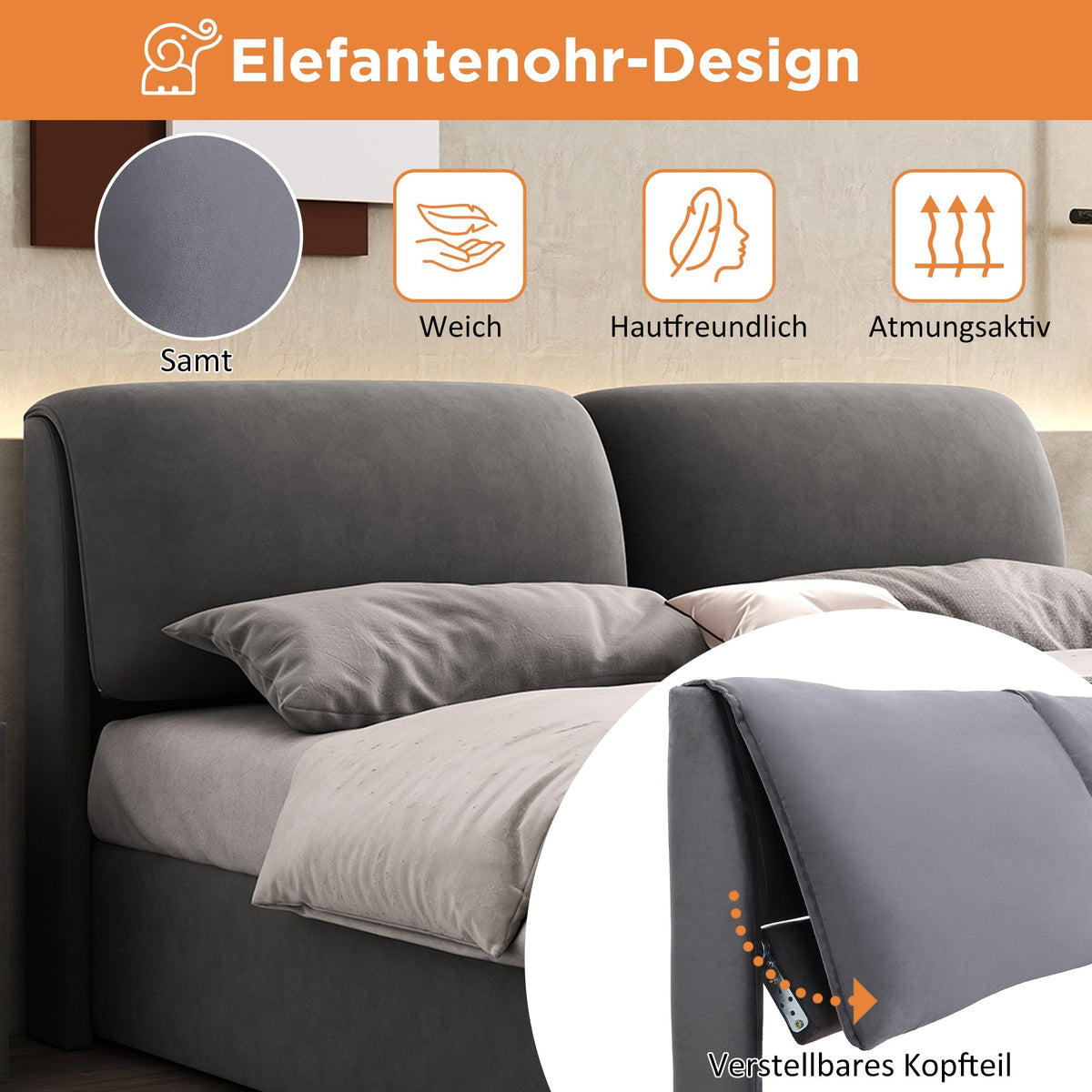 Upholstered Bed with Hydraulic Lift and 3 Drawers, 140x200 cm, Grey Velvet