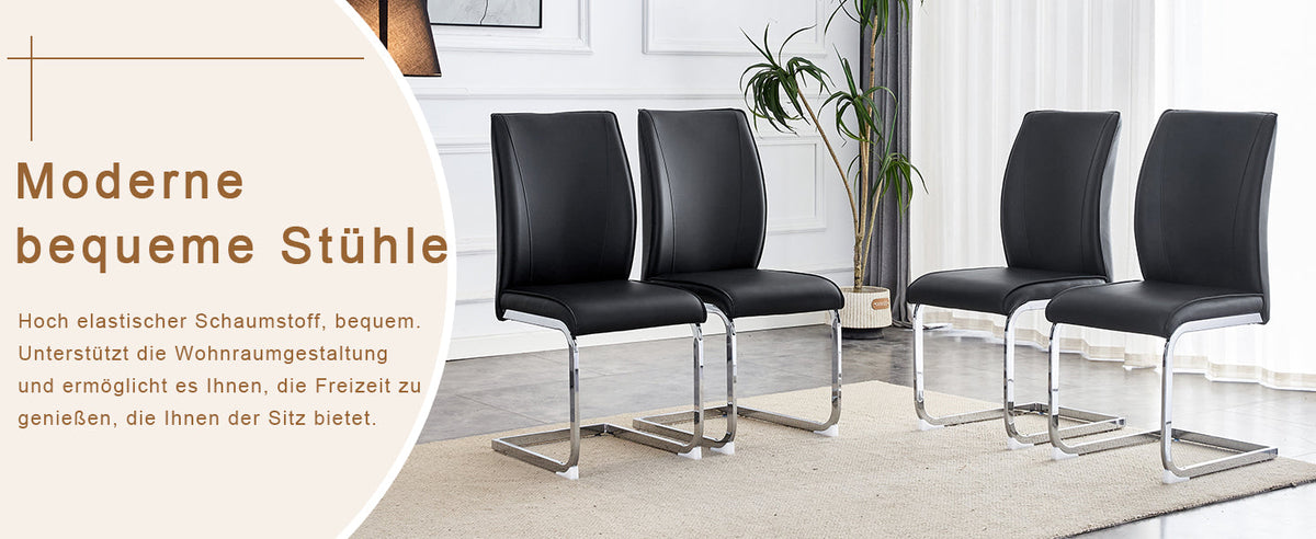 Chairs (Set of 4), Comfortable with Silver Metal Legs, Black PU