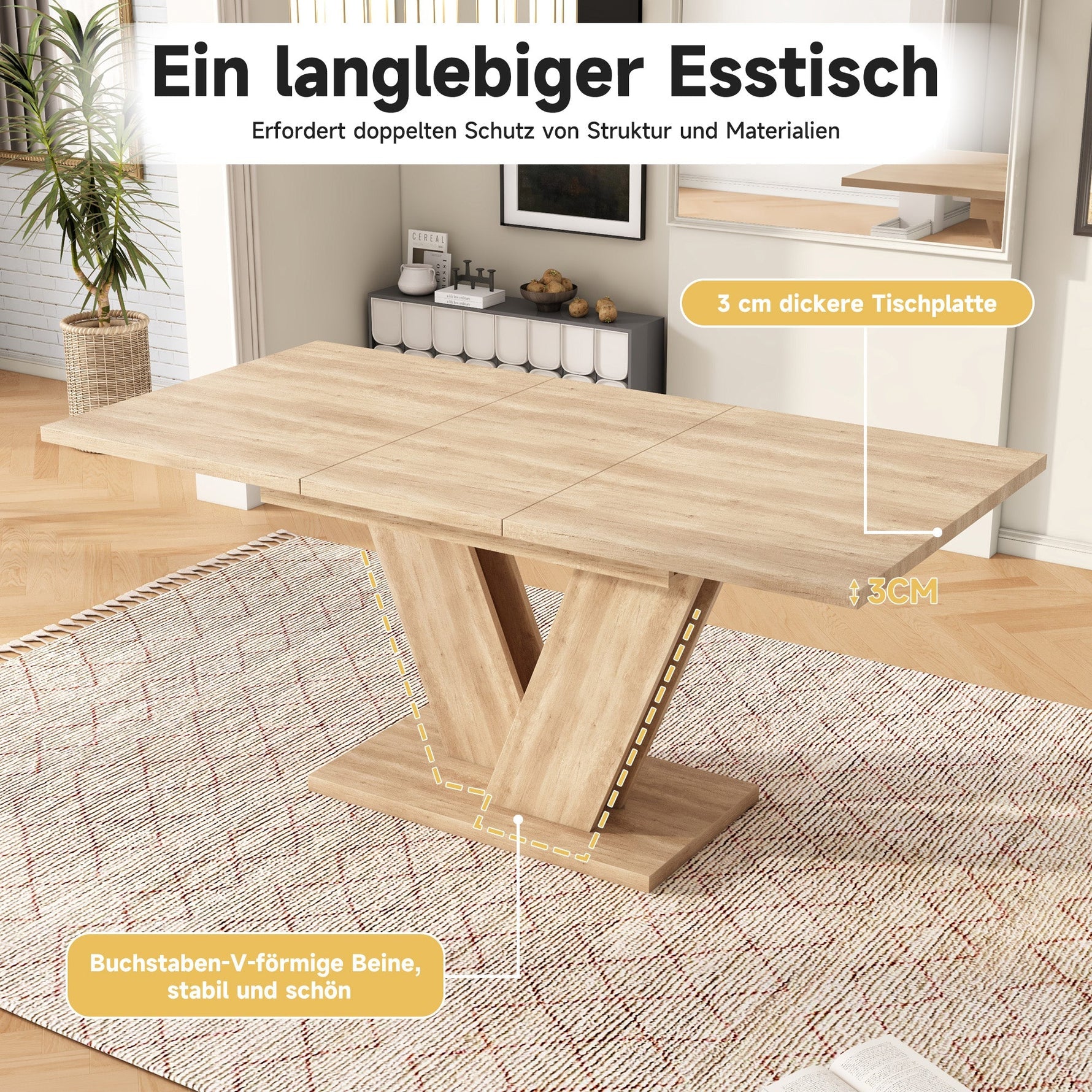 Extendable Dining Table 140/180x80cm Rectangular Thickened Top V-Shaped Legs Oak Color