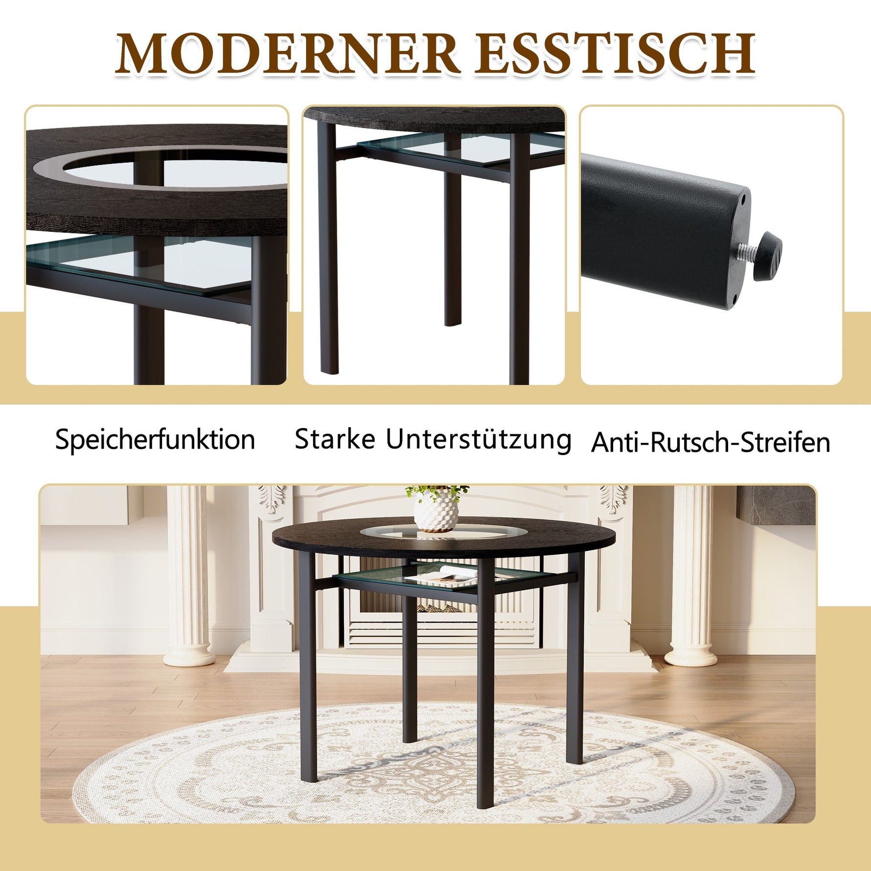 Minimalist Round Table Set 100cm with 4 PU Armchairs - Black Wood Look