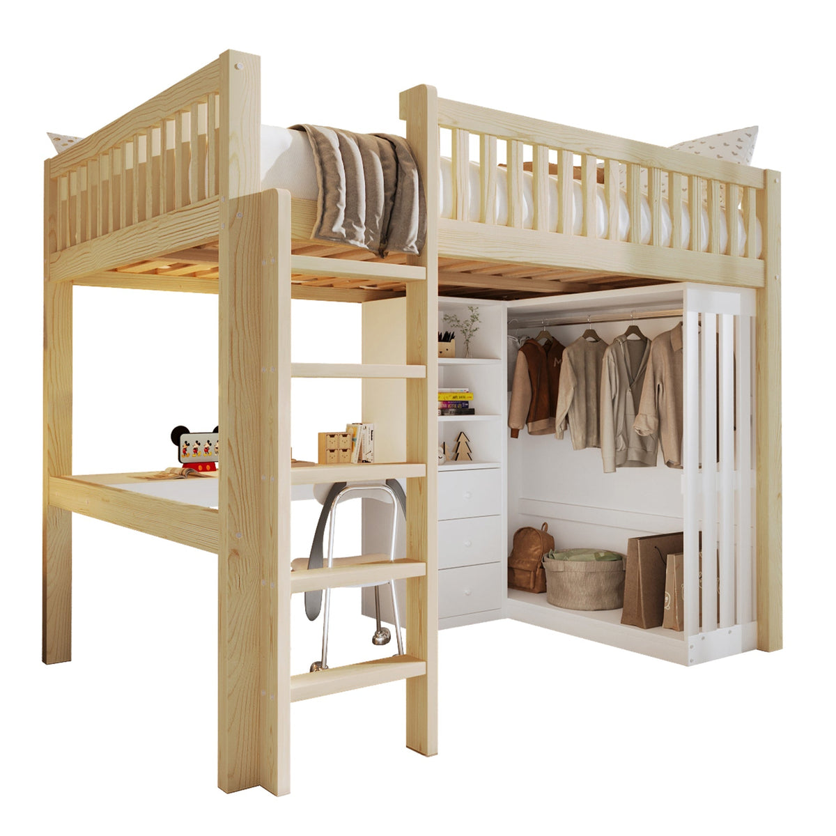 Loft Bed with Desk, Wardrobe and 3 Drawers, Natural